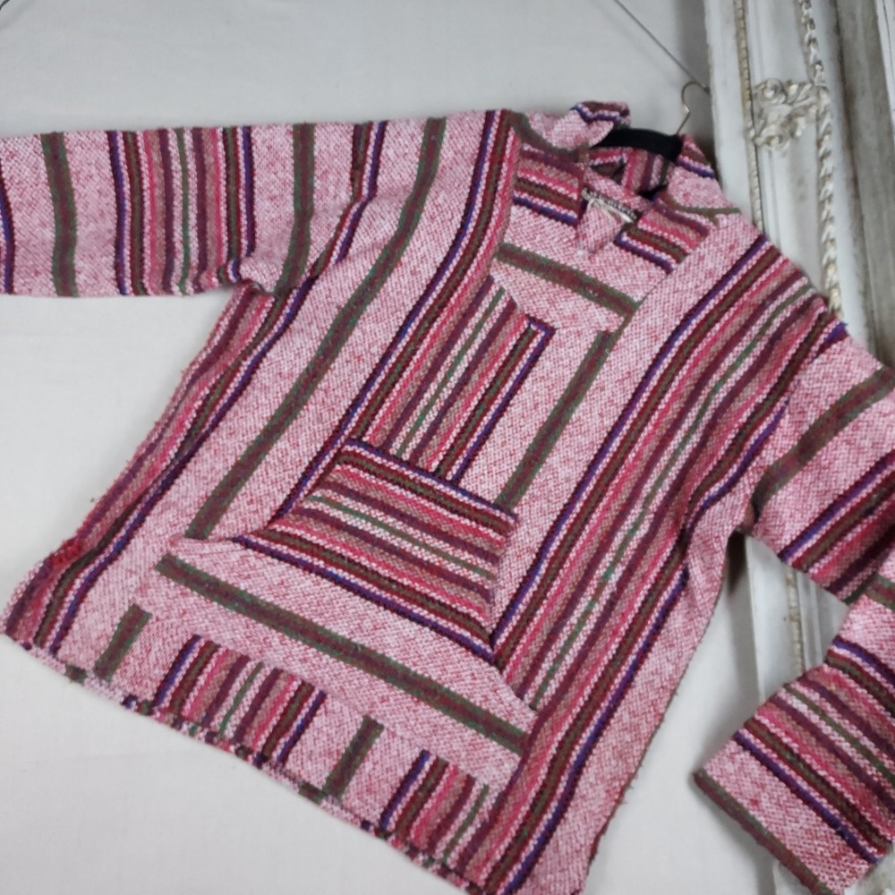 Baja Joe Hoodie Pullover Pink Red Green Striped Mexican Baja Poncho Boho Xl